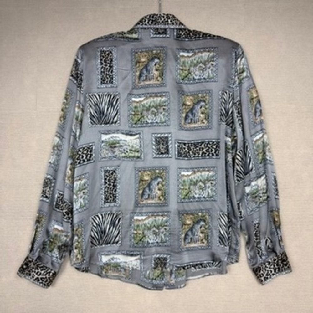 Vintage Starington Silk Safari Animal Print Blouse Leopard Zebra Grey Size 14 - Picture 10 of 10